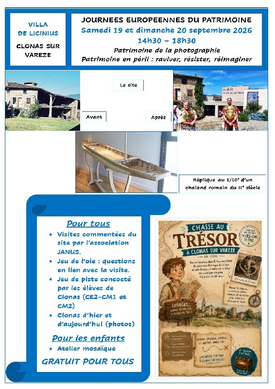 Journées Européennes du Patrimoine<br /> Samedi 19 et dimanche 20 septembre 2026 - de 14h30 à 18h30<br />CLONAS-SUR-VAREZE